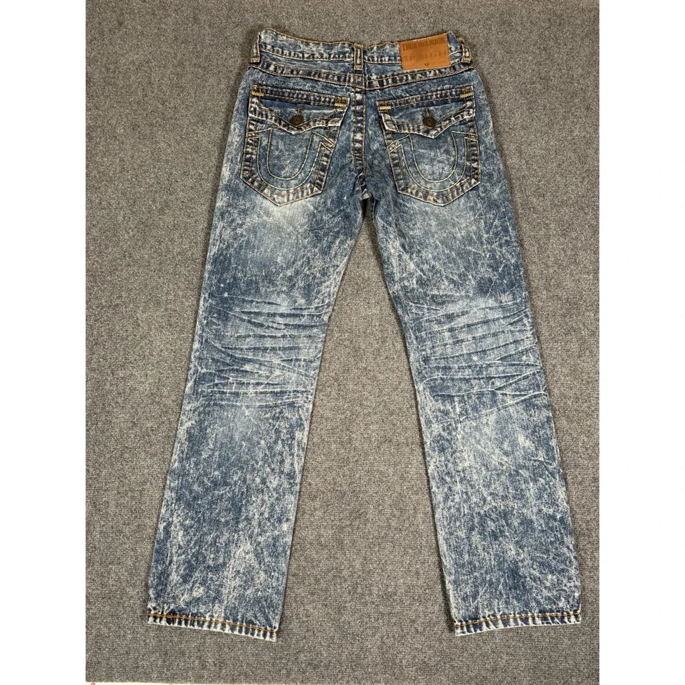 True Religion Ricky Straight Jeans Mens 34 Acid Wash Distressed Flap Pocket USA